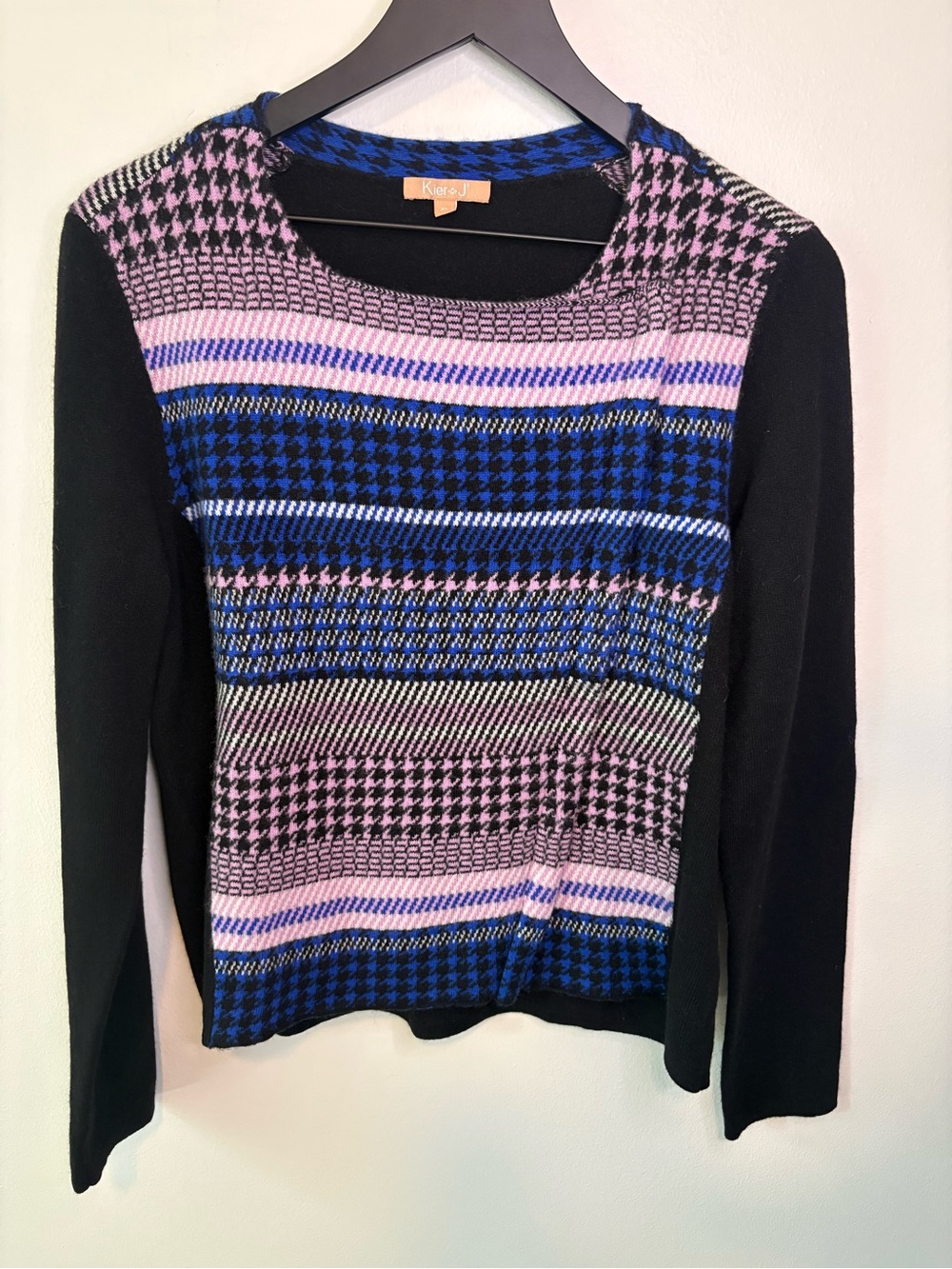 KIER + J Black Sweater with Funky Blue and Pink Houndstooth - XL